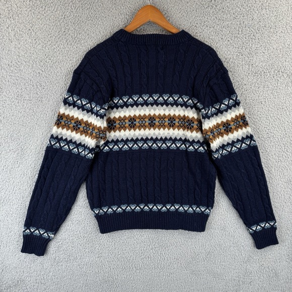 Vintage JC Penney Sweater Mens L Navy Nordic Fair Isle Cable Knit Pullover 80s - Picture 4 of 6